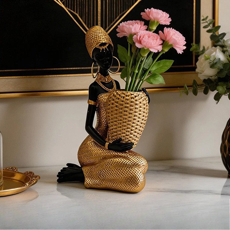 Resin Art Anniversary Gift - Harz-Statue einer Afrikanischen Frau mit Vase,