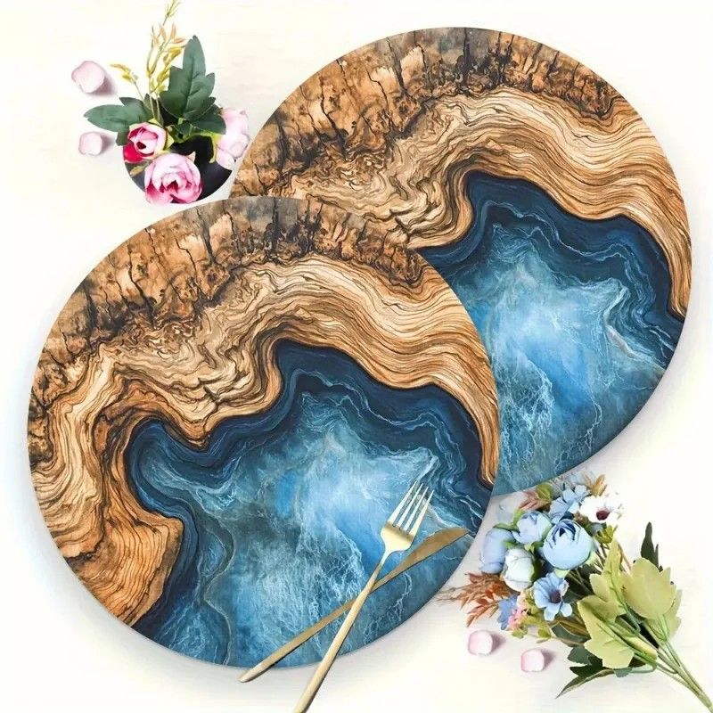 Resin Art Dining Table - VIKAMA Holzmaserung Blauer Ozean Kunstharz Runde